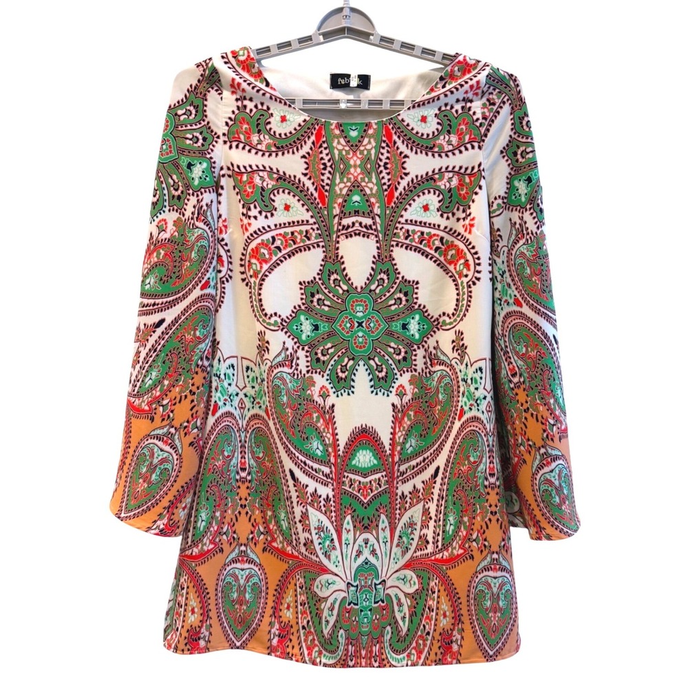 Fab'rik Mini Dress Multicolor Paisley Cutout Back Bell Sleeve Women Large